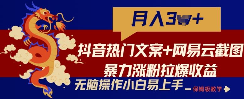抖音热门文案+网易云截图暴力涨粉拉爆收益玩法,小白无脑操作,简单易上手【揭秘】-大可网创