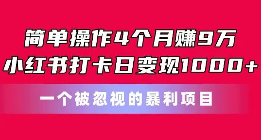 简单操作4个月赚9w,小红书打卡日变现1k,一个被忽视的暴力项目【揭秘】-大可网创