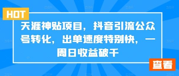 天涯神贴项目,抖音引流公众号转化,出单速度特别快,一周日收益破千-大可网创