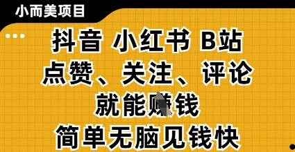 小而美的项目,抖音小红书B站视频点赞、关注、评论就能挣钱,简单无脑立见收益,妥妥的零撸项目【揭秘】-大可网创