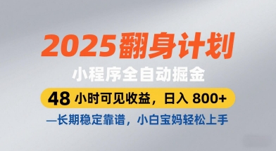 2025翻身计划,小程序全自动掘金,48小时可见收益,日入8张+,长期稳定靠谱,小白宝妈轻松上手【揭秘】-大可网创