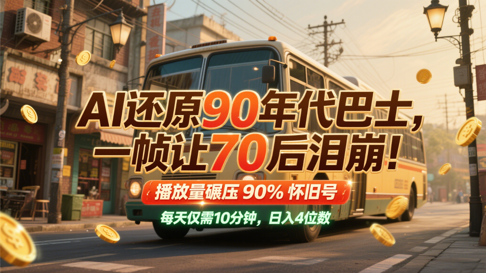AI还原90年代巴士,一帧让70后泪崩!播放量碾压90%怀旧号,每天10分钟,日入4位数-大可网创