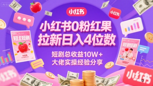 小红书0粉红果短剧拉新日入4位,数短剧总收益10W+大佬实操经验分享-大可网创