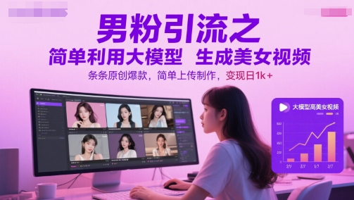 男粉引流之简单利用大模型生成美女视频,条条原创爆款,简单上传制作,变现日1k+-大可网创