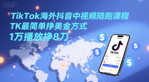 TikTok海外抖音中视频陪跑课程,TK最简单挣美金方式,1万播放挣8刀-大可网创