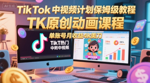 TikTok中视频计划保姆级教程,TK原创动画课程,单账号月收益4k美刀-大可网创