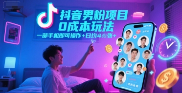 抖音男粉项目0成本玩法,一部手机即可操作,日均4张+,时间自由-大可网创