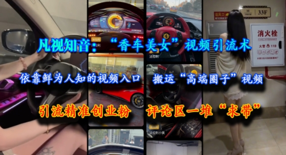 凡视知音:“香车美女”视频引流术,依靠鲜为人知的视频入口,搬运“高端圈子”视频,引流精准创业粉,评论区一堆“求带”-大可网创