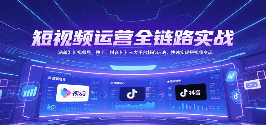短视频运营全链路实战,涵盖视频号、快手、抖音三大平台核心玩法,快速实现变现!-大可网创