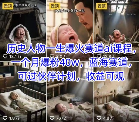 历史人物一生爆火赛道ai课程,一个月爆粉40w,蓝海赛道,可过伙伴计划,收益可观-大可网创