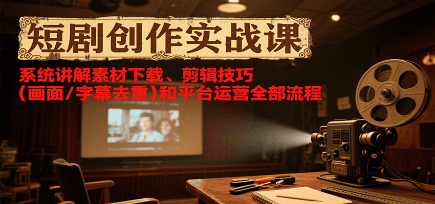 短剧创作实战课,系统讲解素材下载、剪辑技巧(画面/字幕去重)和平台运营全部流程-大可网创