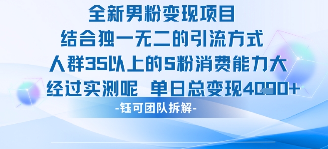 全新男粉变现项目引流人群35以上的男粉消费能力大 经过实测单日变现1k+-大可网创