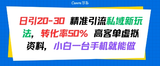 日引 20-30 精准引流私域新玩法,转化率50% 高客单虚拟资料,小白一台手机就能做-大可网创