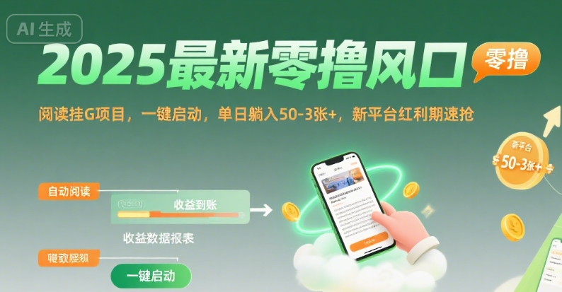 2025最新零撸风口,阅读挂G项目,一键启动,单日躺入 50-3张+,新平台红利期速抢【揭秘】-大可网创