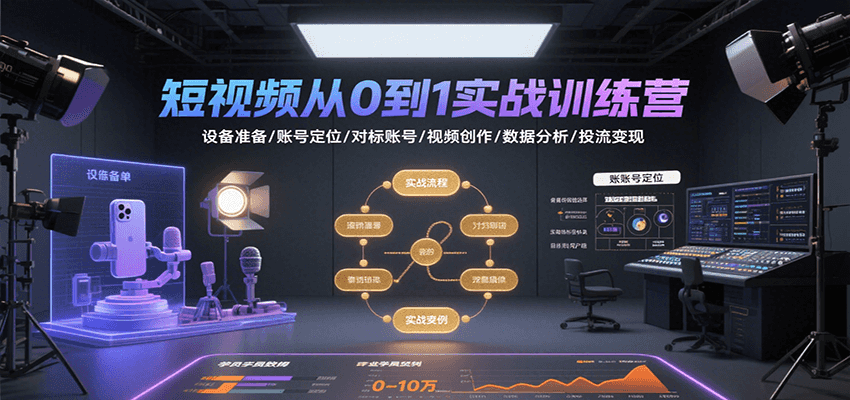 短视频从0到1实战训练营:设备准备/账号定位/对标账号/视频创作/数据分析/投流变现-大可网创