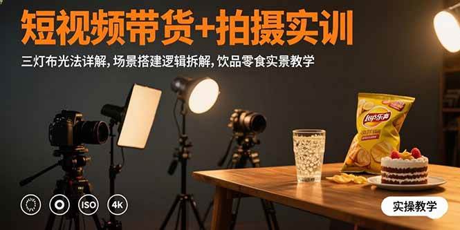 (15540期)短视频带货+拍摄实训:三灯布光法详解,场景搭建逻辑拆解,饮品零食实景教学-大可网创