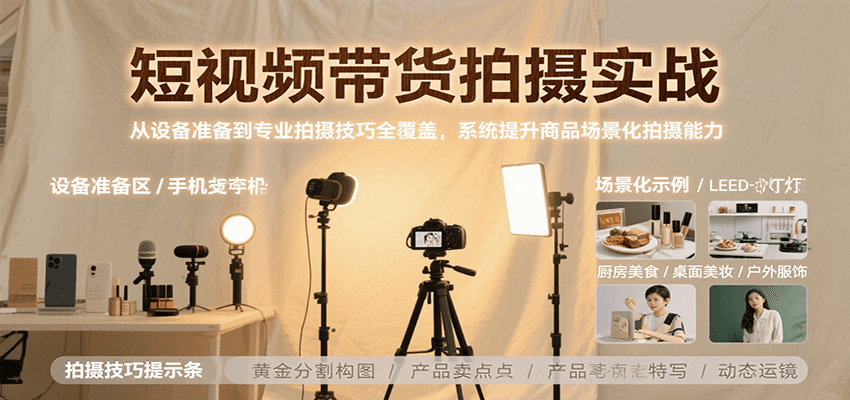 短视频带货拍摄实战,从设备准备到专业拍摄技巧全覆盖,系统提升商品场景化拍摄能力-大可网创