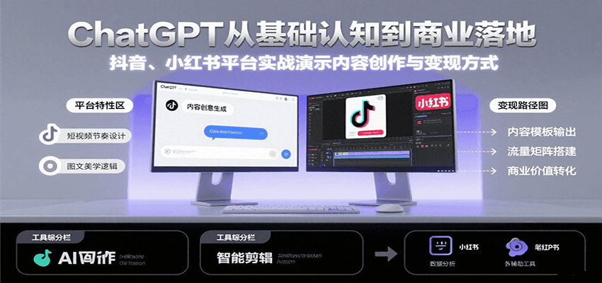 ChatGPT从基础认知到商业落地,实战演示抖音、小红书等平台的内容创作与变现-大可网创