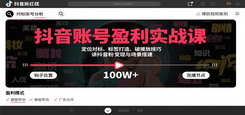 抖音账号盈利实战课,定位对标、标签打造、破播放技巧,讲涨粉变现与场景搭建-大可网创