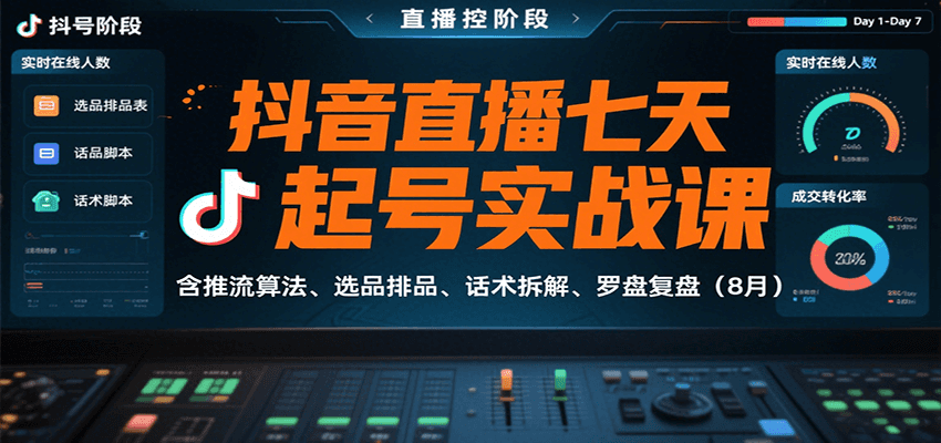抖音直播七天起号实战课:含推流算法、选品排品、话术拆解、罗盘复盘(8月)-大可网创