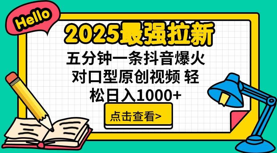 (15736期)2025最强拉新,单用户下载5块佣金,5分钟一条抖音爆火原创对口型视频,…-大可网创