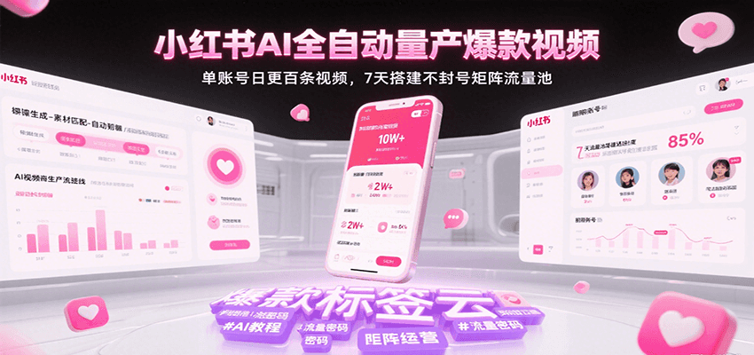 小红书AI全自动量产爆款视频,单账号日更百条视频,7天搭建不封号矩阵流量池(更新)-大可网创