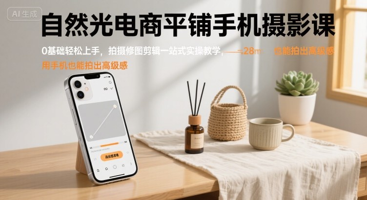 自然光电商平铺手机摄影课,0基础轻松上手,拍摄修图剪辑一站式实操教学,用手机也能拍出高级感-大可网创