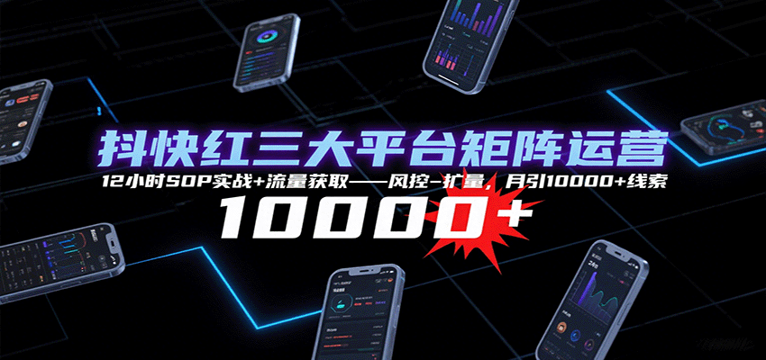 抖快红三大平台矩阵运营,12小时SOP实战+流量获取-风控-扩量,月引10000+线索-大可网创