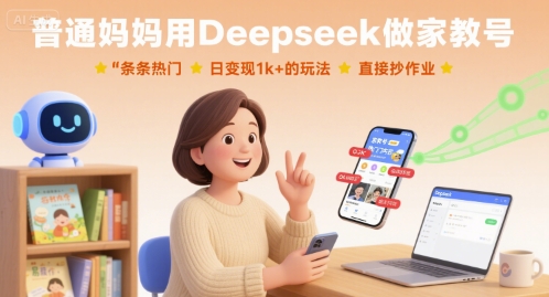普通妈妈用Deepseek做家教号,条条热门,日变现1k+的玩法,直接抄作业-大可网创