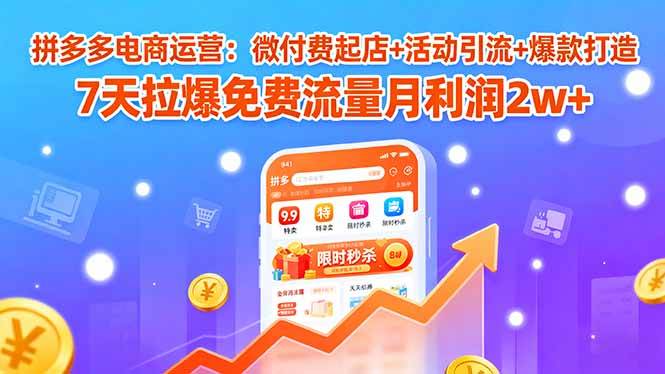 (15960期)拼多多电商运营:微付费起店+活动引流+爆款打造 7天拉爆免费流量月利润2w+-大可网创