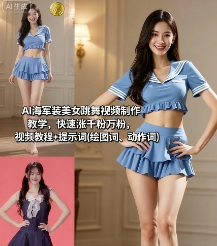 AI海军装美女跳舞视频制作教学,快速涨千粉万粉,视频教程+提示词(绘图词、动作词)-大可网创