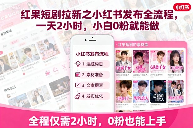红果短剧拉新之小红书发布全流程,一天2小时,小白0粉就能做-大可网创