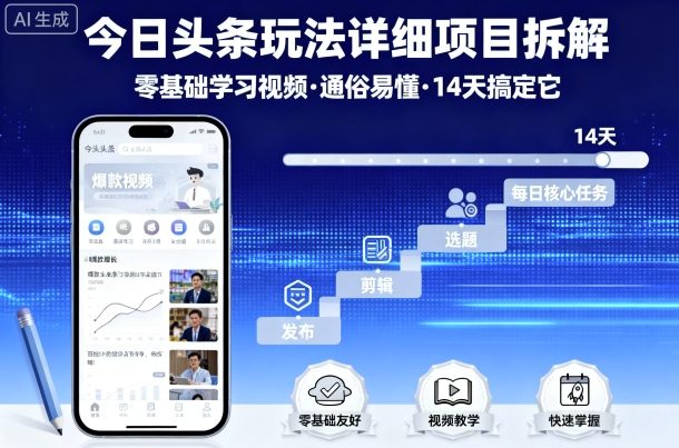 今日头条玩法详细项目拆解,零基础学习视频 通俗易懂 14天搞定它-大可网创