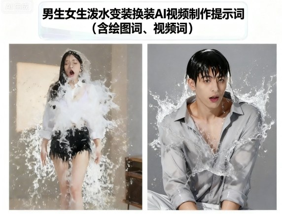 男生女生泼水变装换装AI视频制作提示词(含绘图词、视频词)-大可网创