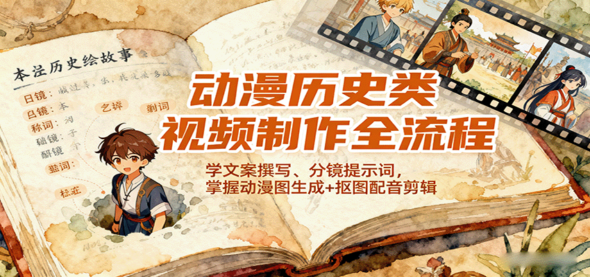 动漫历史类视频制作全流程,学文案撰写、分镜提示词,掌握动漫图生成+抠图配音剪辑-大可网创