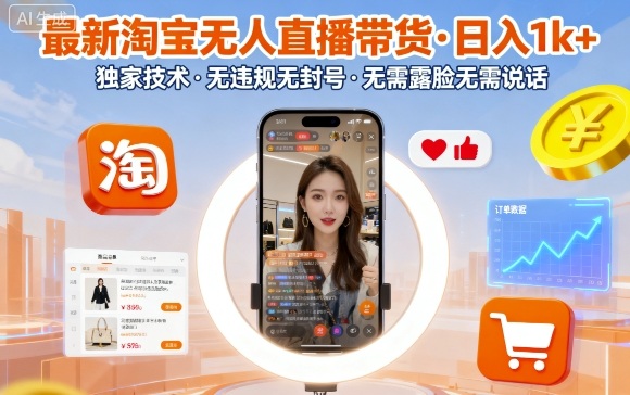 最新淘宝无人直播带货,日入1k+,独家技术,无违规无封号,无需露脸无需说话【揭秘】-大可网创