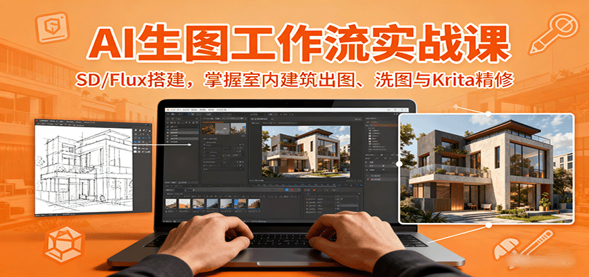 AI生图工作流实战课:SD/Flux搭建,掌握室内建筑出图、洗图与Krita精修-大可网创