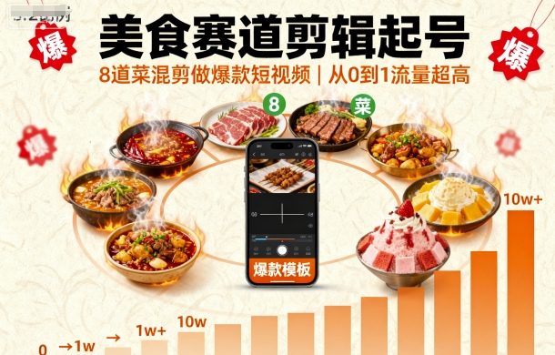 美食赛道剪辑起号,8道菜混剪做爆款短视频,从0到1,流量超高-大可网创