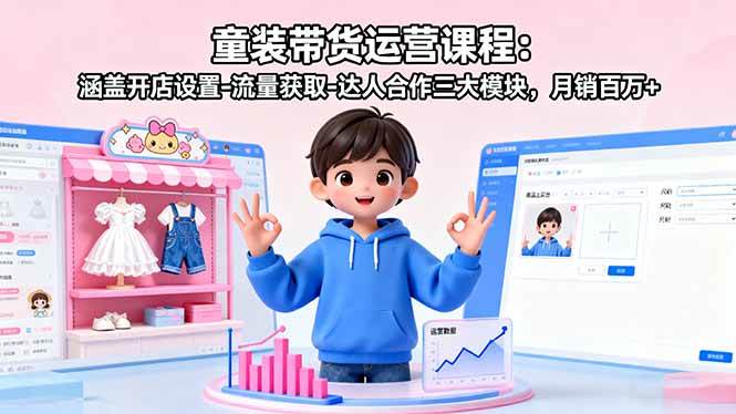(16081期)童装带货运营课程:涵盖开店设置-流量获取-达人合作三大模块,月销百万+-大可网创