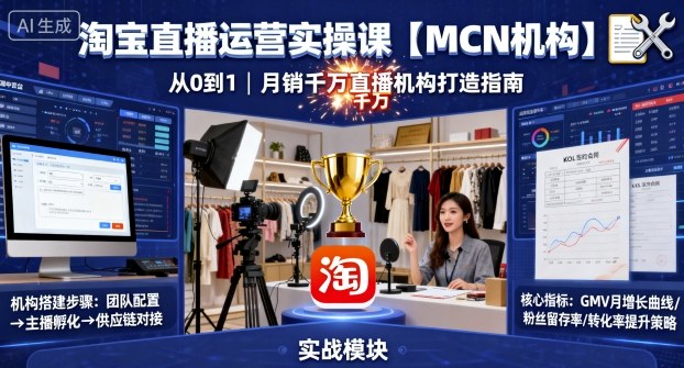 淘宝直播运营实操课【MCN机构】,从0到1做一家月销千W的直播机构-大可网创