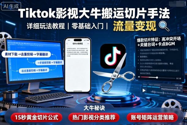 Tiktok影视大牛搬运切片手法,详细玩法教程-大可网创