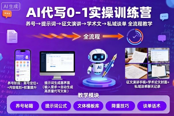 AI代写0-1实操训练营,从养号、提示词、征文演讲、学术文,到私域谈单的全流程教学-大可网创