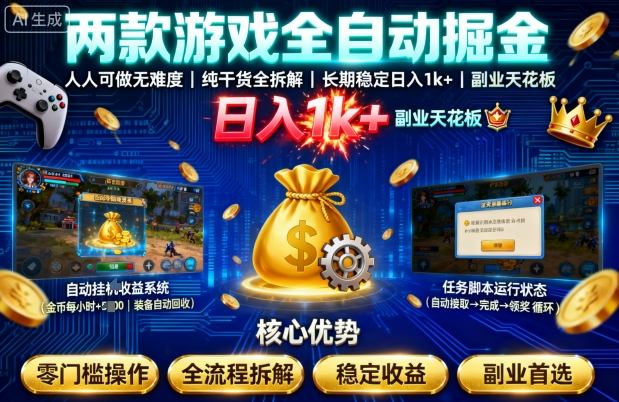 两款游戏全自动掘金,人人可做无难度,纯干货全拆解,长期稳定,日入1k+,副业天花板【揭秘】-大可网创