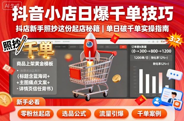 抖音小店日爆千单技巧,抖店新手照抄这份起店秘籍,单日破千单-大可网创