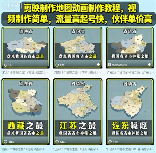 剪映制作地图动画制作教程,视频制作简单,流量高起号快,伙伴单价高-大可网创