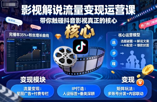 影视解说流量变现运营课,带你触碰抖音影视真正的核心-大可网创