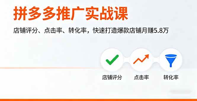 (16115期)拼多多推广实战课,店铺评分、点击率、转化率,快速打造爆款店铺月赚5.8万-大可网创