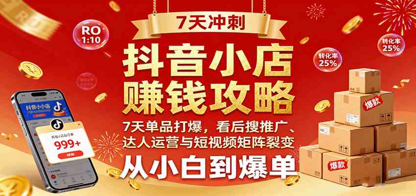 抖音小店赚钱攻略:7天单品打爆技巧,看后搜推广、达人运营与短视频矩阵裂变实战-大可网创
