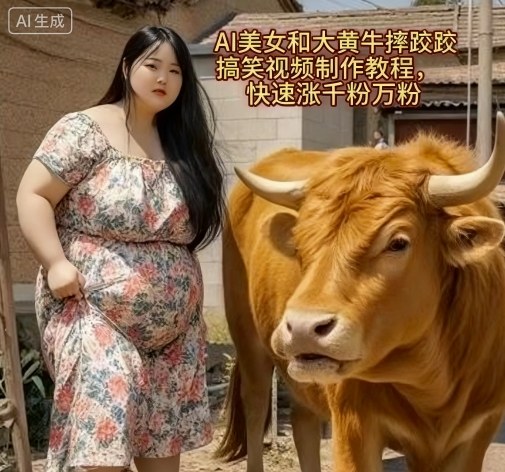 AI美女和大黄牛摔跤搞笑荒诞视频制作教程,快速涨千粉万粉-大可网创
