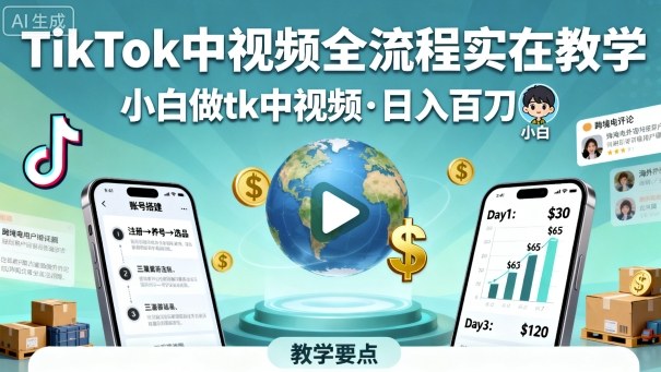 TikTok中视频全流程实操教学,小白做tk中视频,日入百刀-大可网创